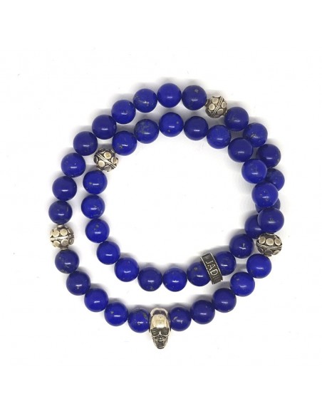 Bracelet Prophecy Skull en double rang, perles Lapis Lazuli et argent 925
