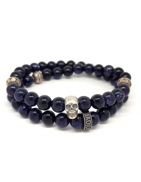 Bracelet Trinity Skull en double rang, pierre de sable bleu et argent 925