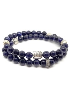 Bracelet Trinity Buddha en double rang, pierre de sable bleu et argent 925