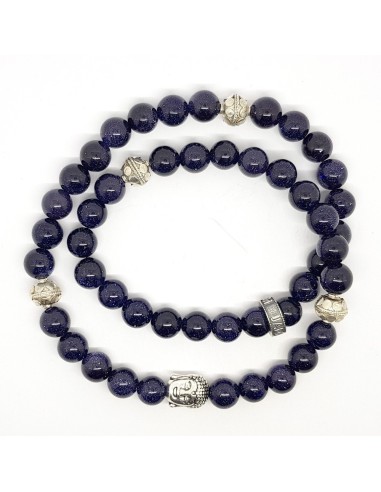 Bracelet Trinity Buddha en double rang, pierre de sable bleu et argent 925